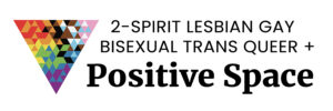 Triangle flag with red, orange, black, brown, pink, blue, yellow, blue, purple, and white small triangles with words: 2-spirit lesbian gay bisexual trans queer + Positive Space